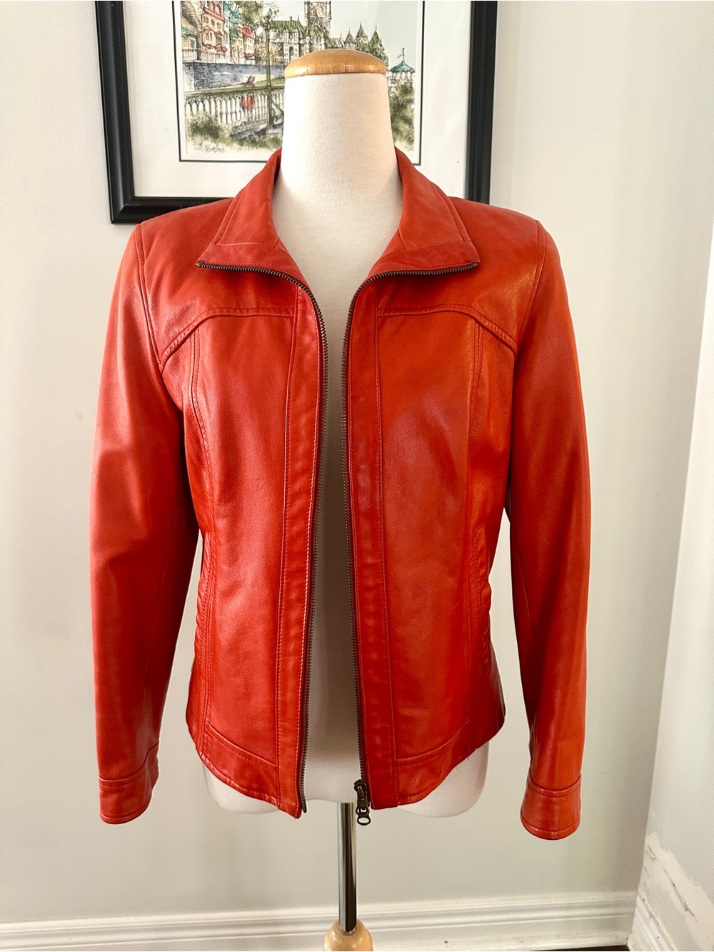 Vintage DANIER Women's Red Orange Italian Leather Zip-Front Moto Jacket -Size S - Picture 5 of 16